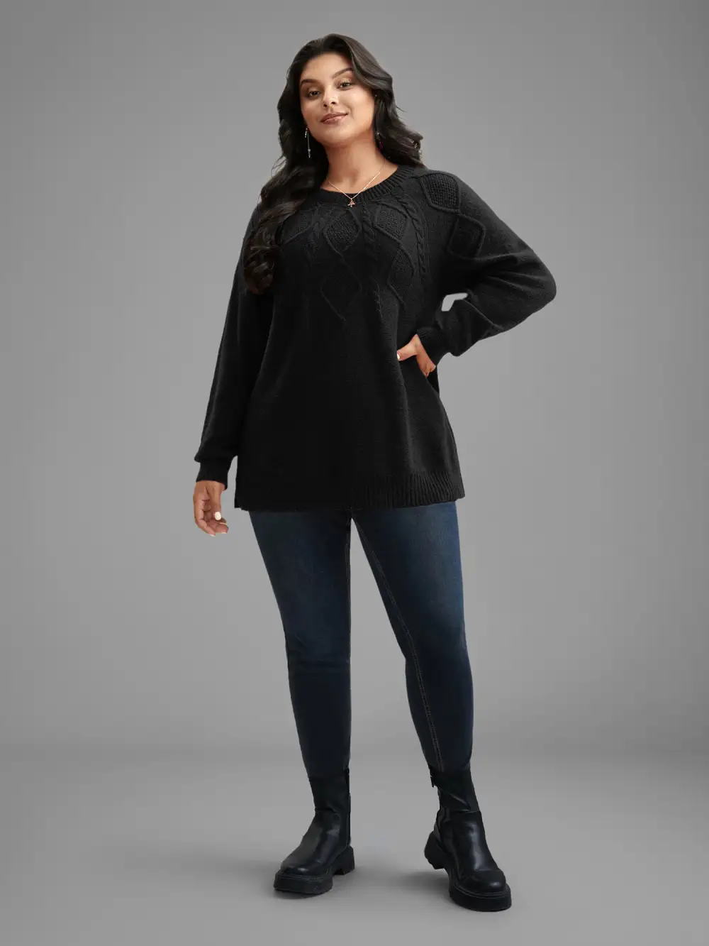 Cable Knit Bodice Crew-Neck Pullover