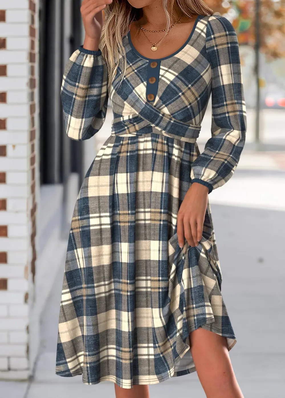 Multi Color Tummy Coverage Plaid Long Sleeve Dress
