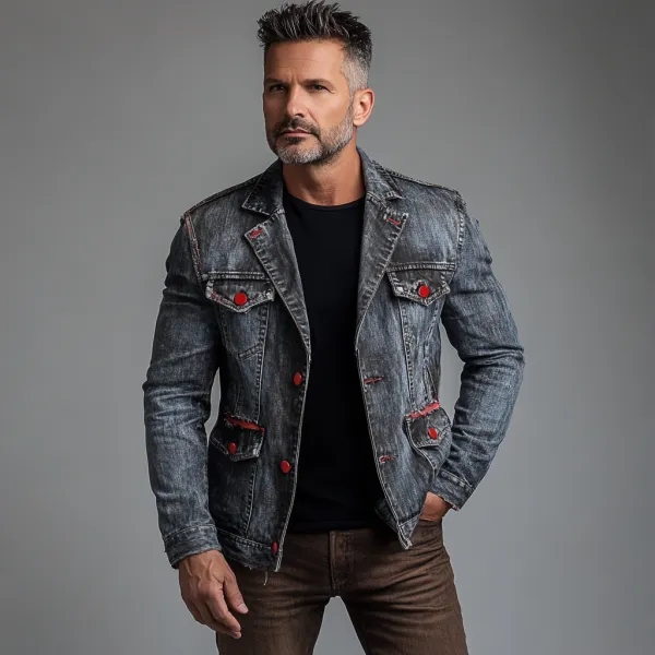 Men's Street Notch Lapel Contrast Buttons Washed Denim Jacket