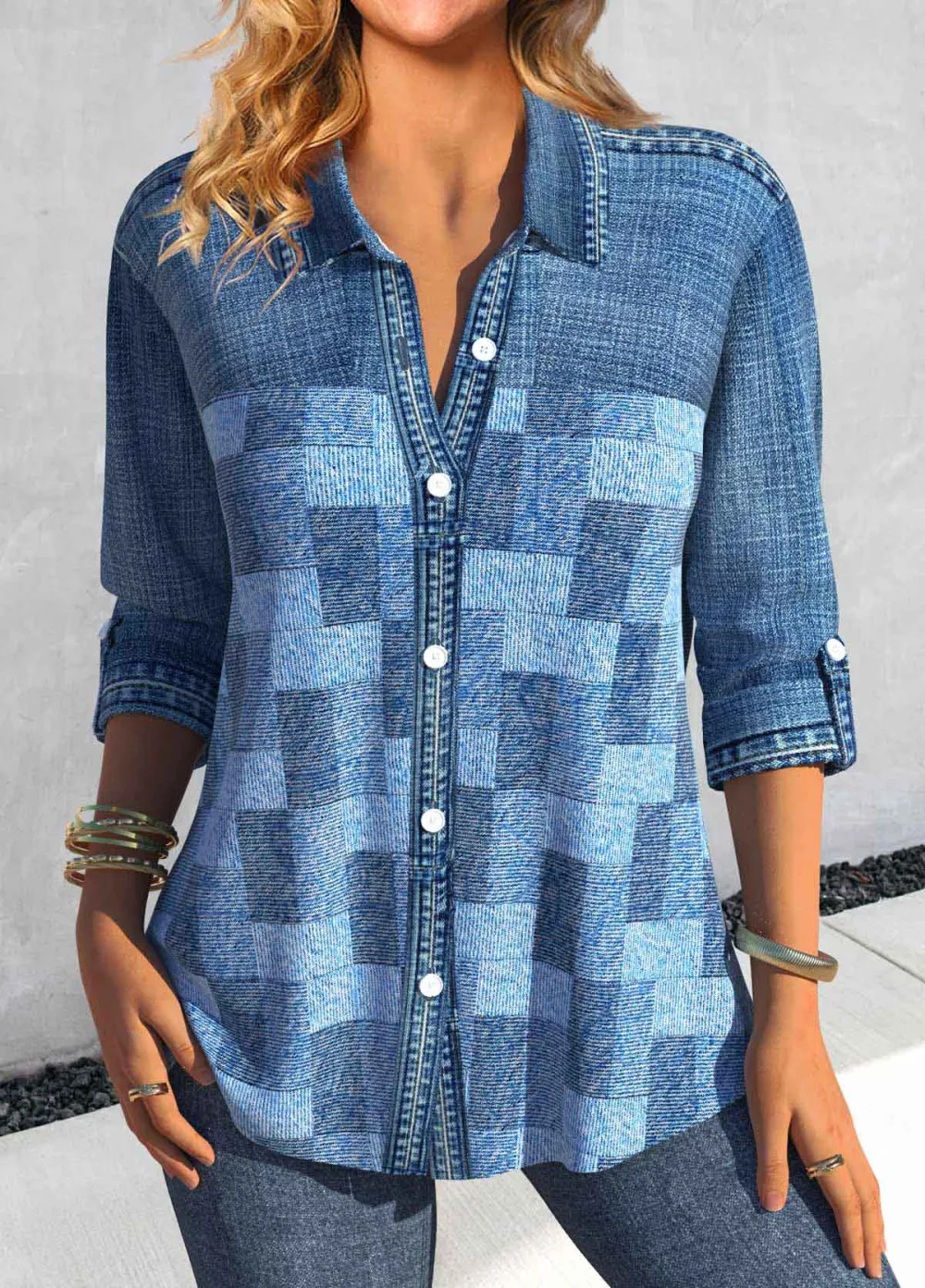 Denim Blue Patchwork Denim-effect Print Long Sleeve Blouse