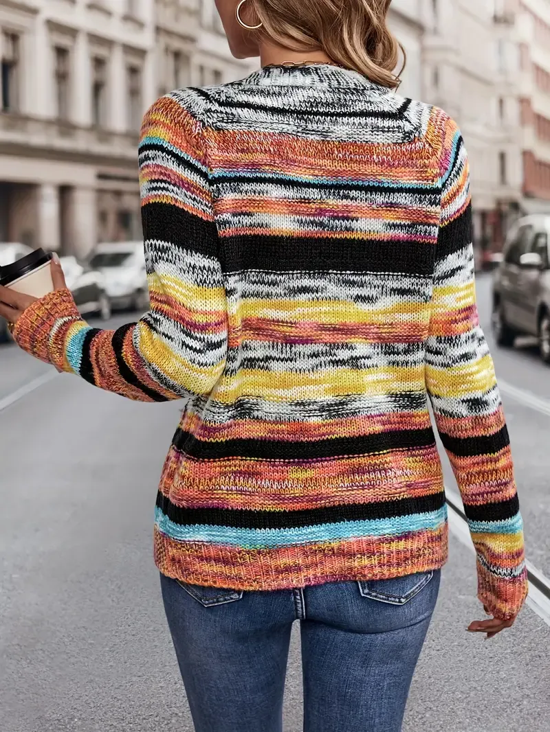 Cozy Rainbow Stripe Knit Cardigan: Durable Women's V-neck Casual Sweater with Pockets for Fall/Winter