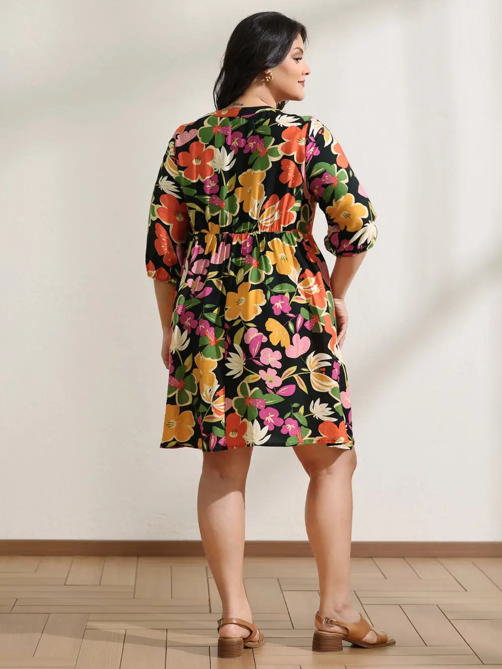 Colorful Floral Print Beaded A-Line Midi Dress