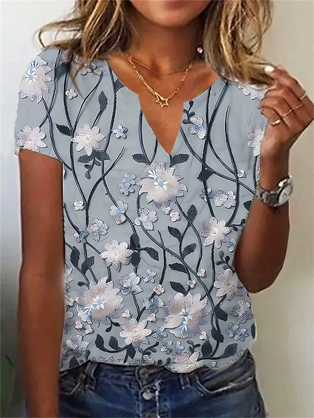 Women's T shirt Tee Henley Shirt Leaf Holiday Weekend White Pink Navy Blue Print Short Sleeve Basic V Neck Regular Fit