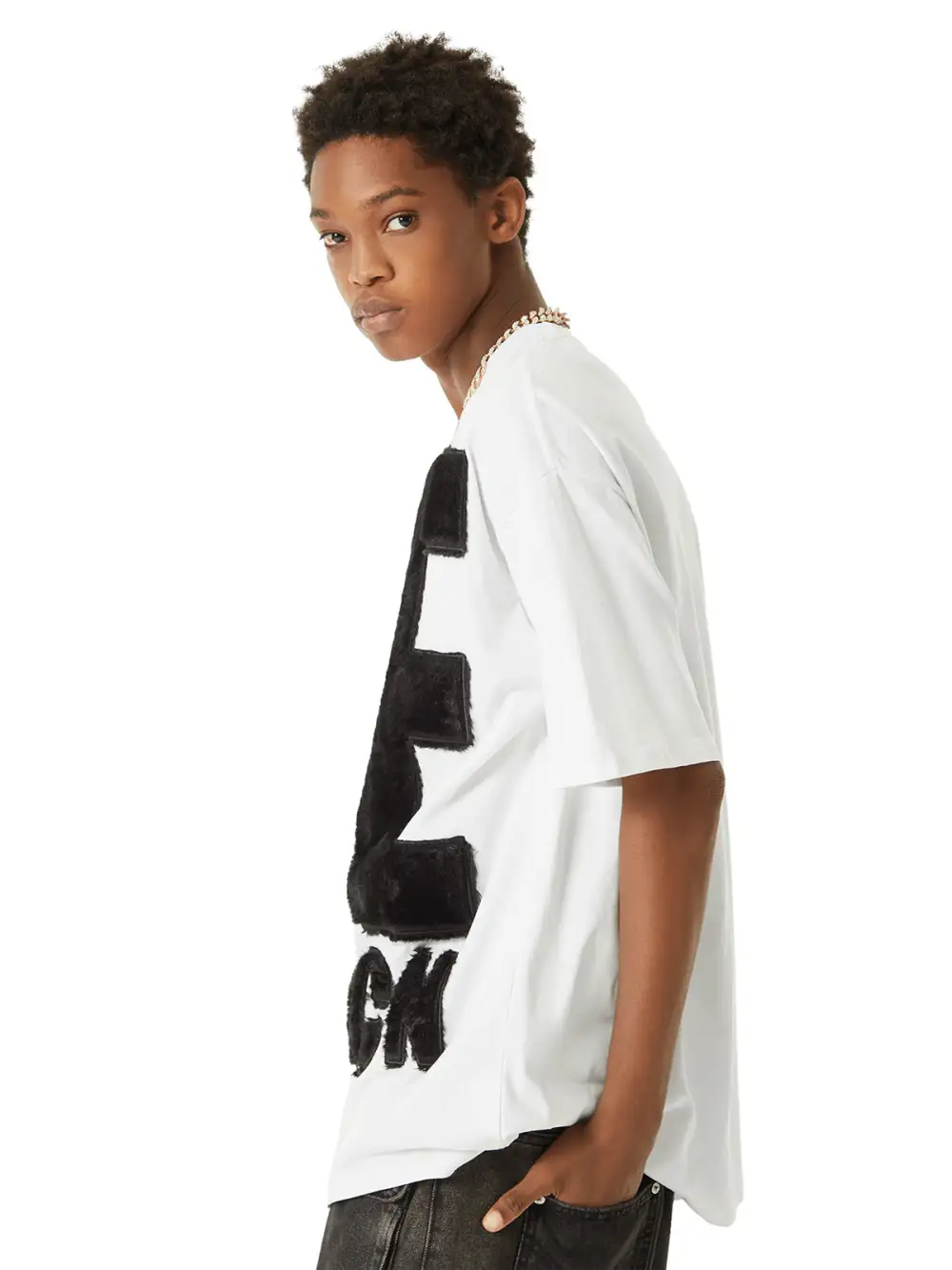 Suede Embroidered Letters Street Rap T-shirt - 2047
