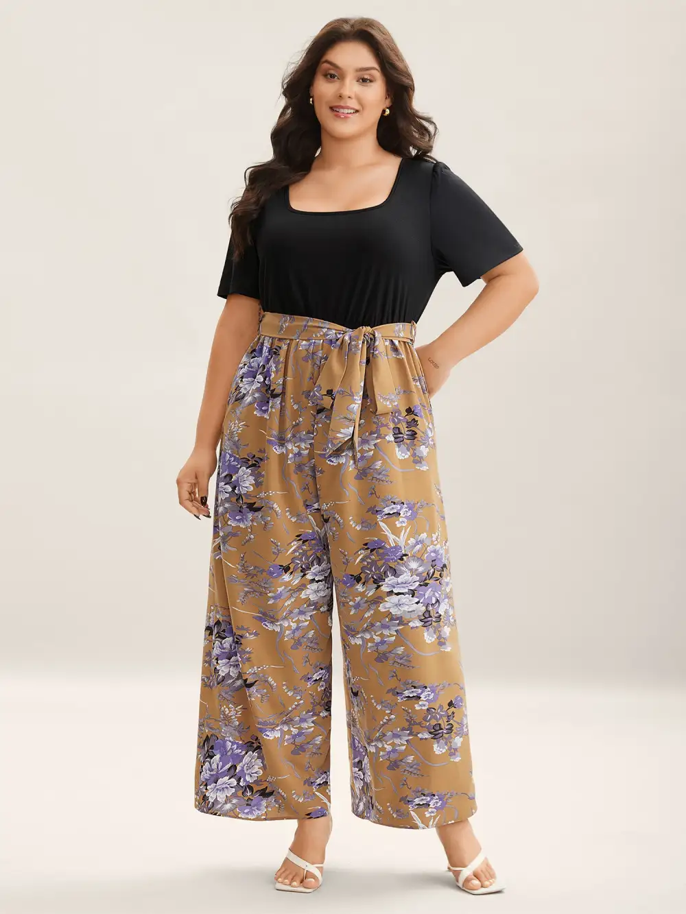 Color Contrast Belted Panel Pockets Jumpsuit