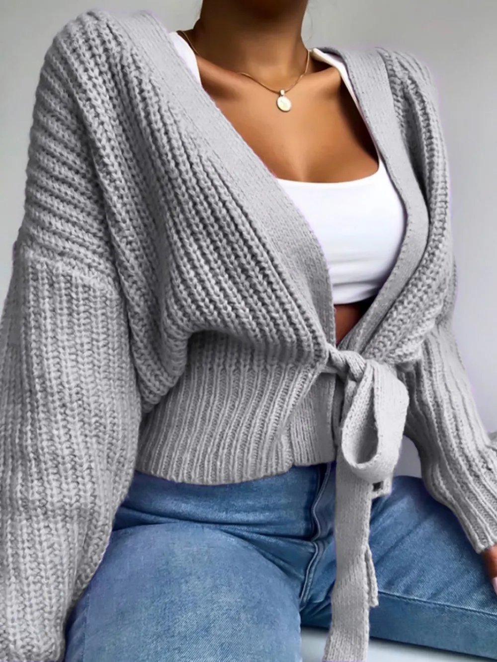 V-Neck Bandage Cardigan Sweater Solid Color Hollow Ladies Sweater