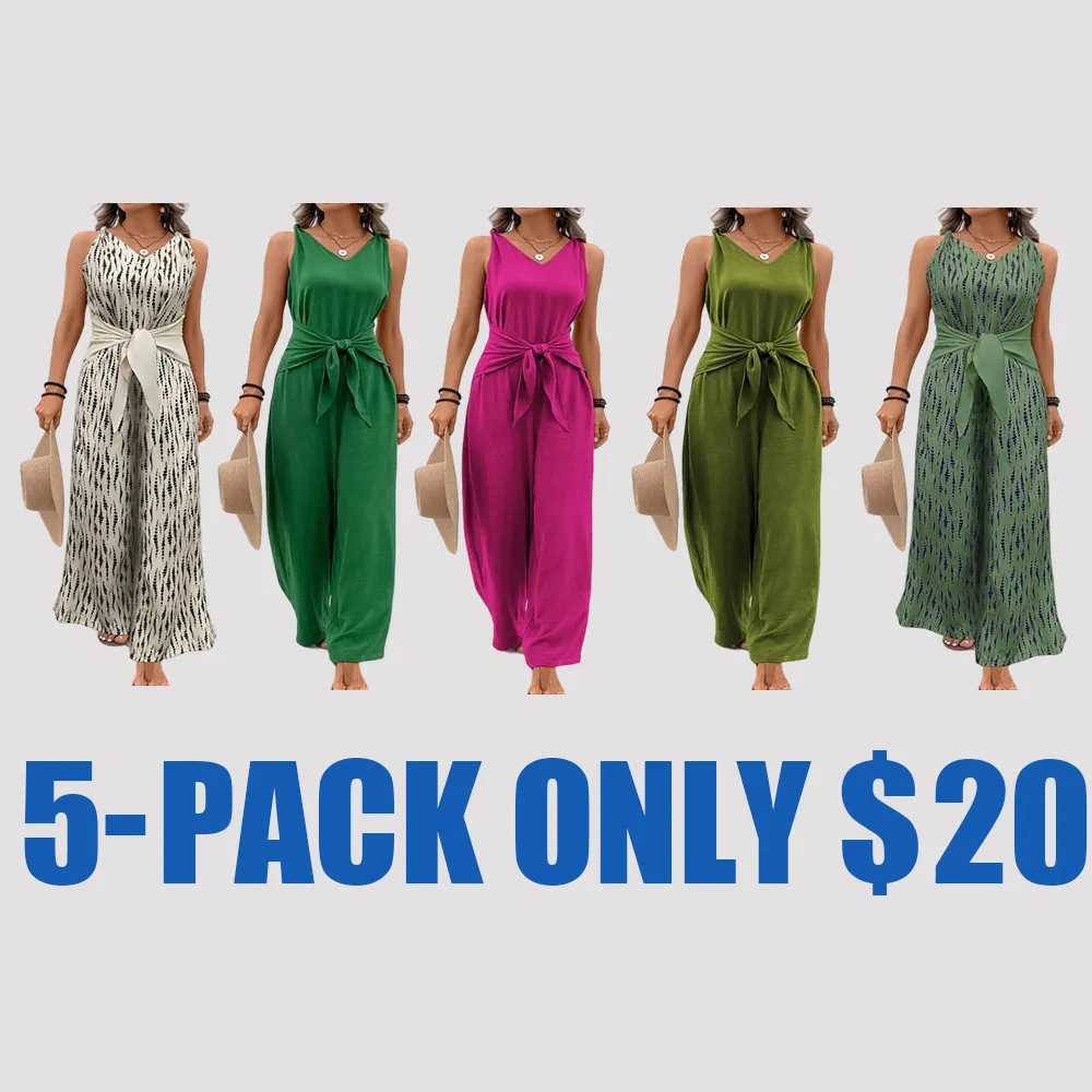 Women's Tie Shoulder V-Neck Jumpsuit – Sleeveless Casual Summer Romper, Solid Color One-Piece Outfit