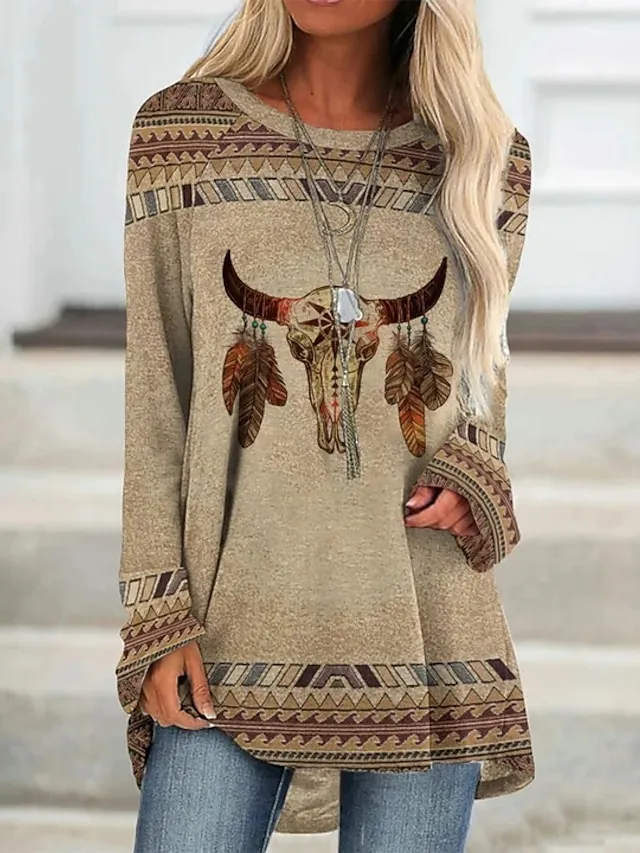 Women's T shirt Tee Burgundy Tee Tunic Shirts Marron Yellow Light Green Geometric Plaid Print Long Sleeve Casual Vintage Tunic Ethnic Round Neck Regular Fit Bohemian Theme Geometric Plus Size Fall