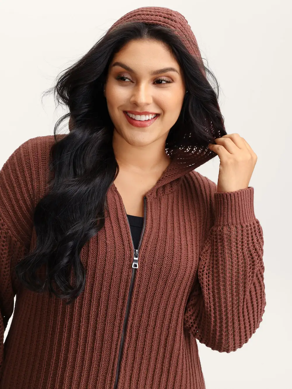 Textured Zipper Front Hooded Knit Cardigan