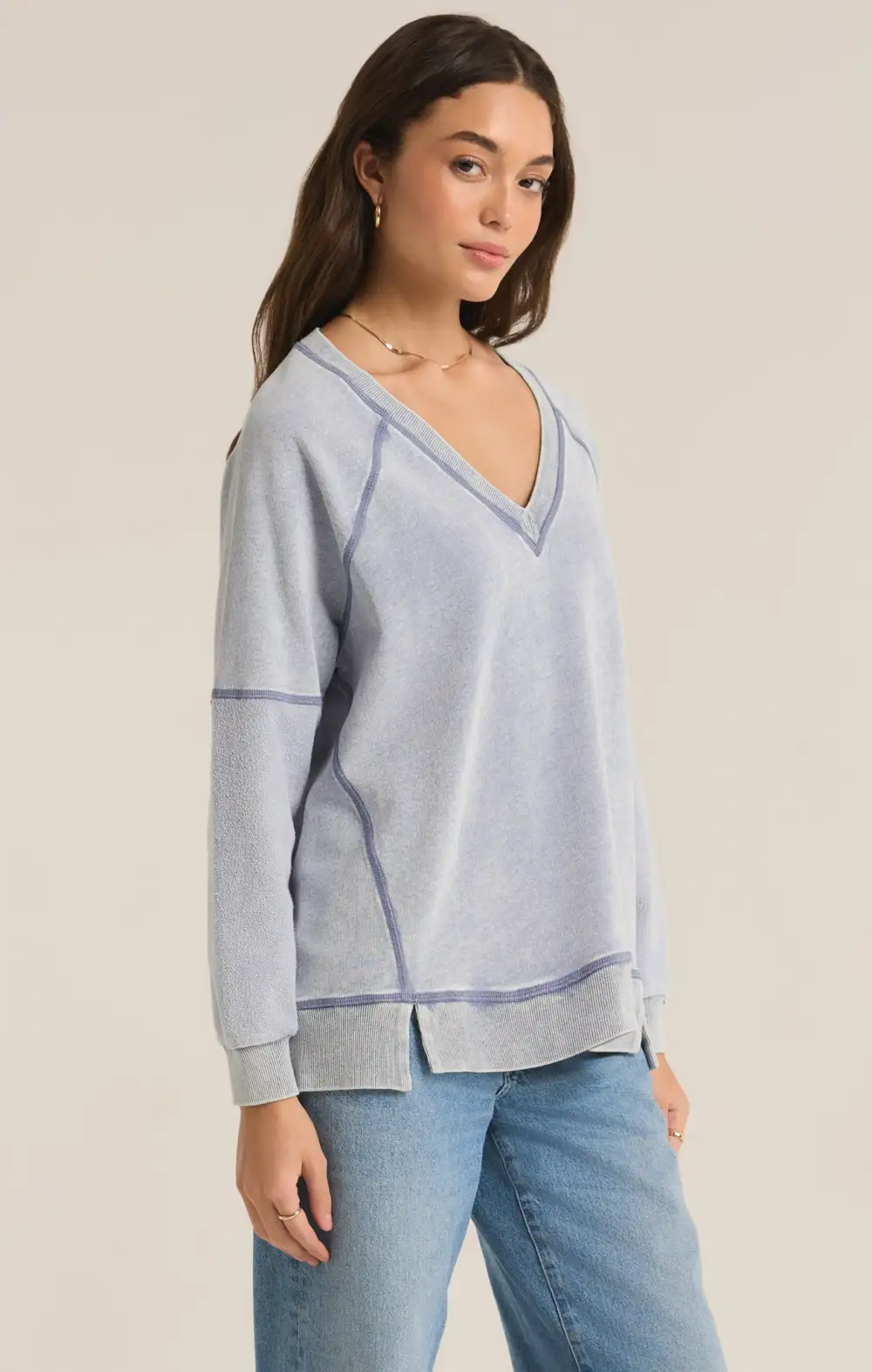 Easy V-Neck Knit Denim Sweatshirt