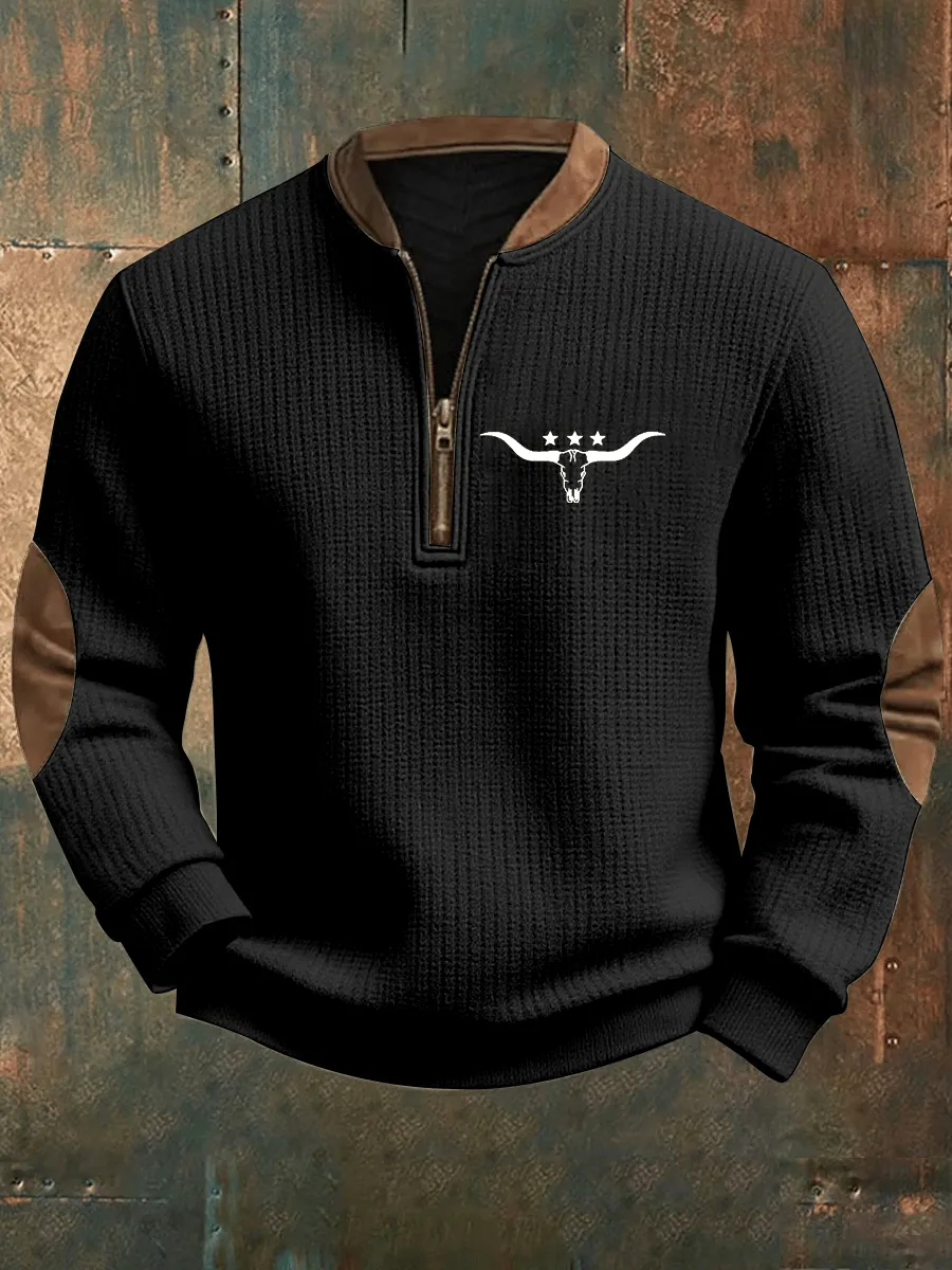 Men's Western Cow Print Zipper Neck Knit Sweatshirt