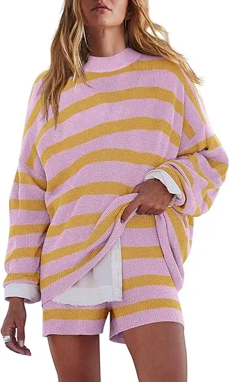 Womens Oversized Lounge Sets 2 Piece Outfits Striped Matching Pajama Set Long Sleeve Sweater Set