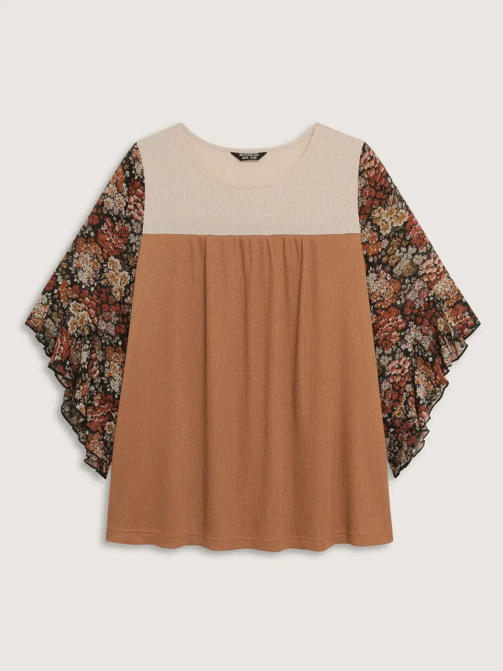 Colorblock Floral Sleeve Flowy Knit Top
