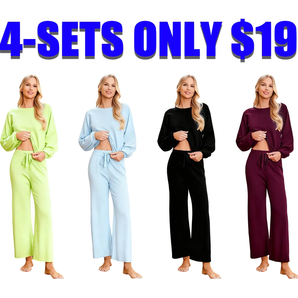 Womens Fall Winter Casual Solid Knitted 2 Piece Sets Long Sleeve Hoodie