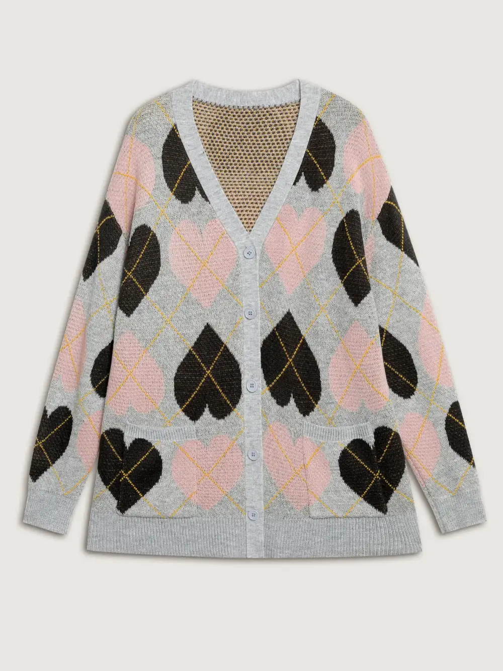 Cozy Hearts Jacquard Pattern Pockets Knit Cardigan