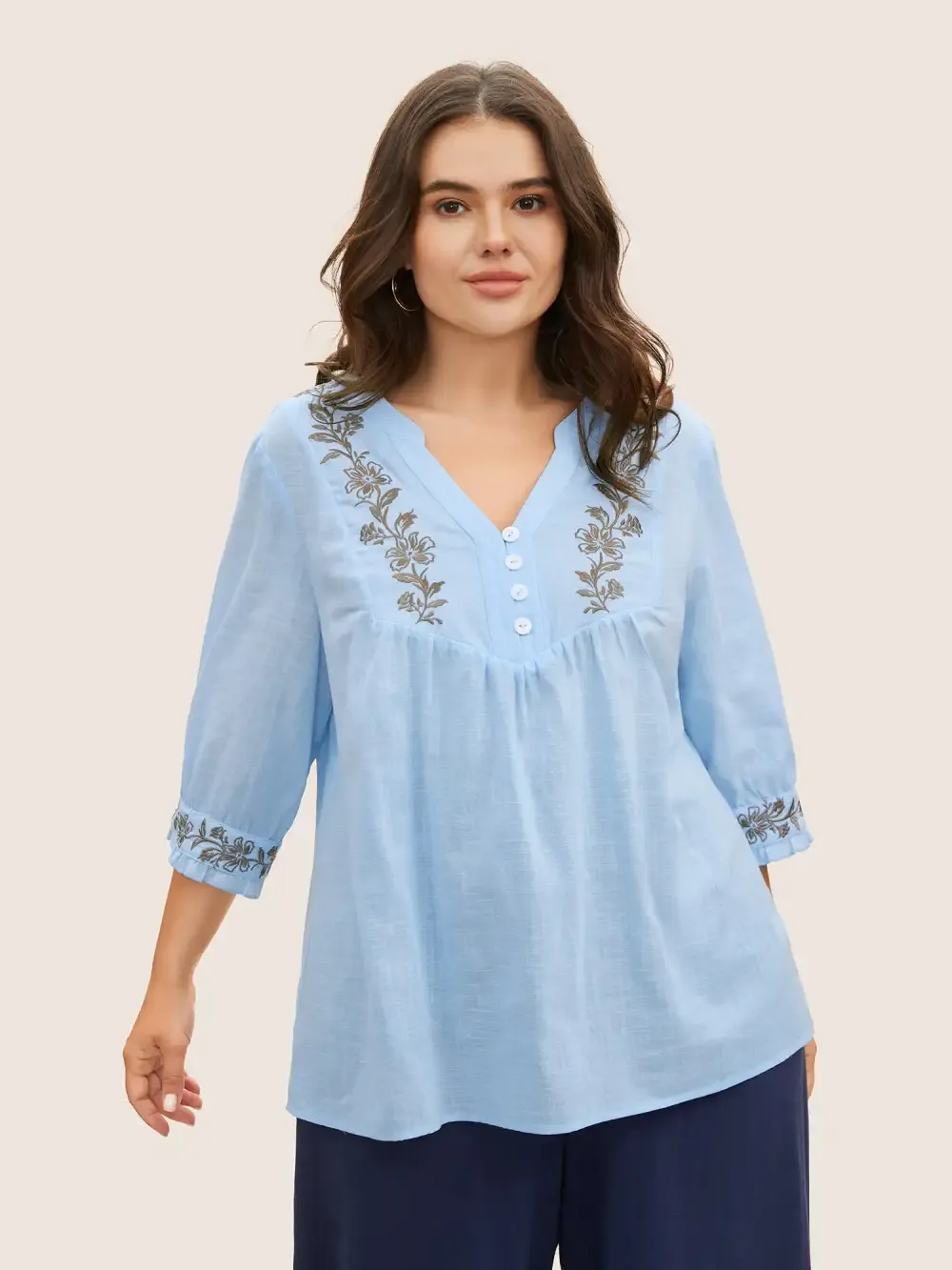 Cotton Floral Embroidered Notched Collar Frill Trim Blouse