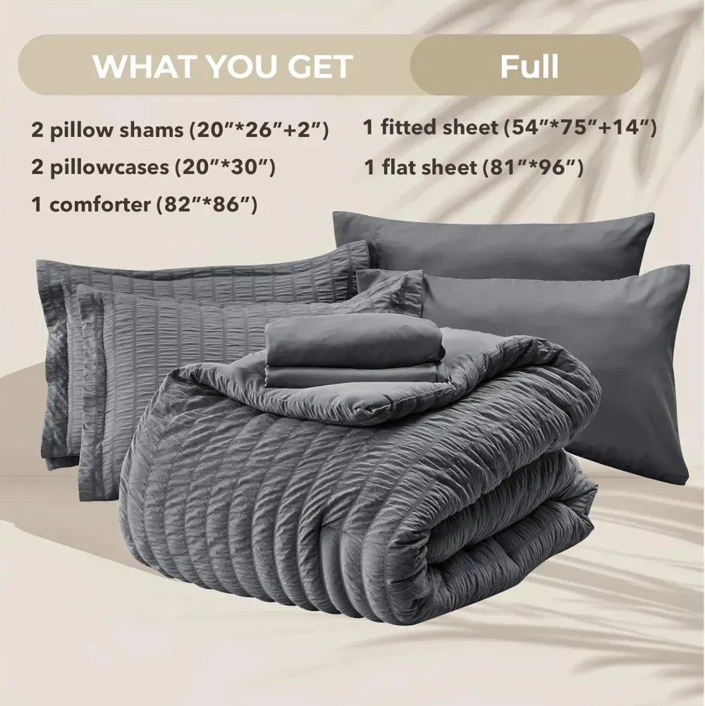 Queen Comforter Set Seersucker 7 Pieces, All Season Luxury Bed in a Bag for Bedroom, Bedding Set with Comforters, Sheets, Pillowcases & Shams, Dark Grey