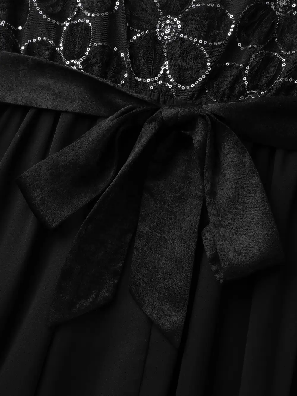 Sequin Floral Tulle Shirred Waist Maxi Dress