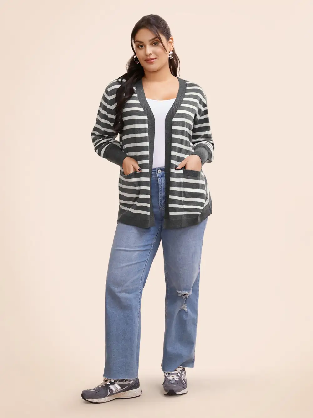 Striped Lantern Sleeve Patched Pocket Cardigan