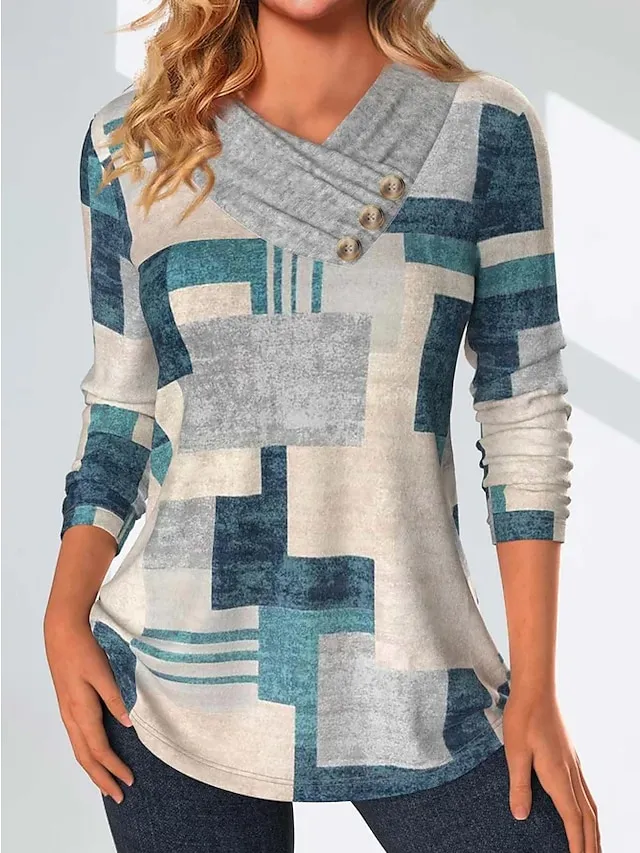 Women's Sweatshirt Pullover Fashion Basic Elegant Button Green Geometric Street Casual V Neck Long Sleeve Top Micro-elastic Fall & Winter