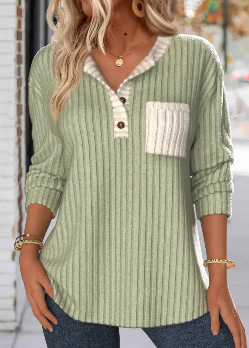 Sage Green Patchwork Long Sleeve Split Neck Sweatshirt