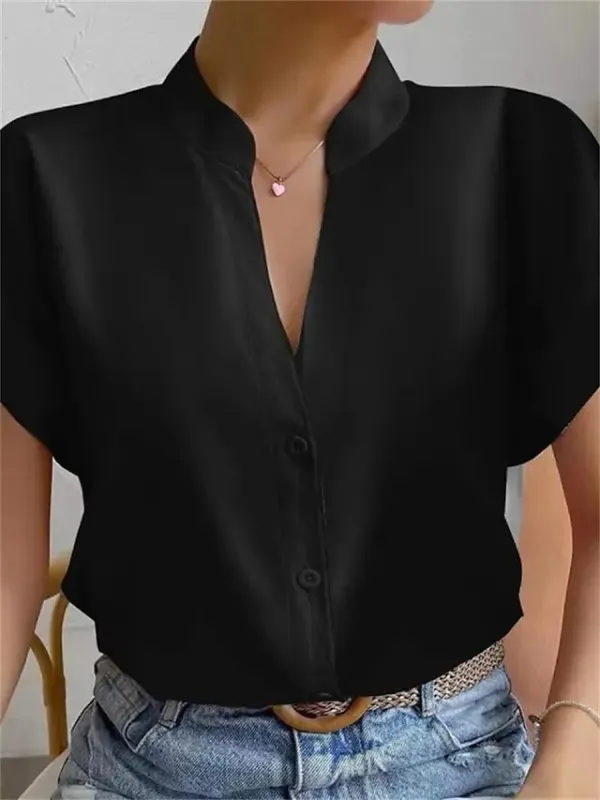 Women's Shirt Blouse Orange red Black White Plain Button Short Sleeve Work Fashion Business Elegant Standing Collar Regular Fit