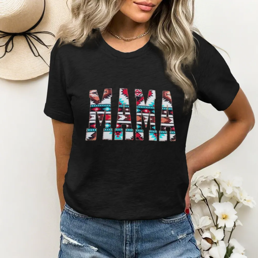 Women'S T-Shirt Cotton Alphabet Print Aztec Print T-Shirt Round Neck MAMA Short Sleeve