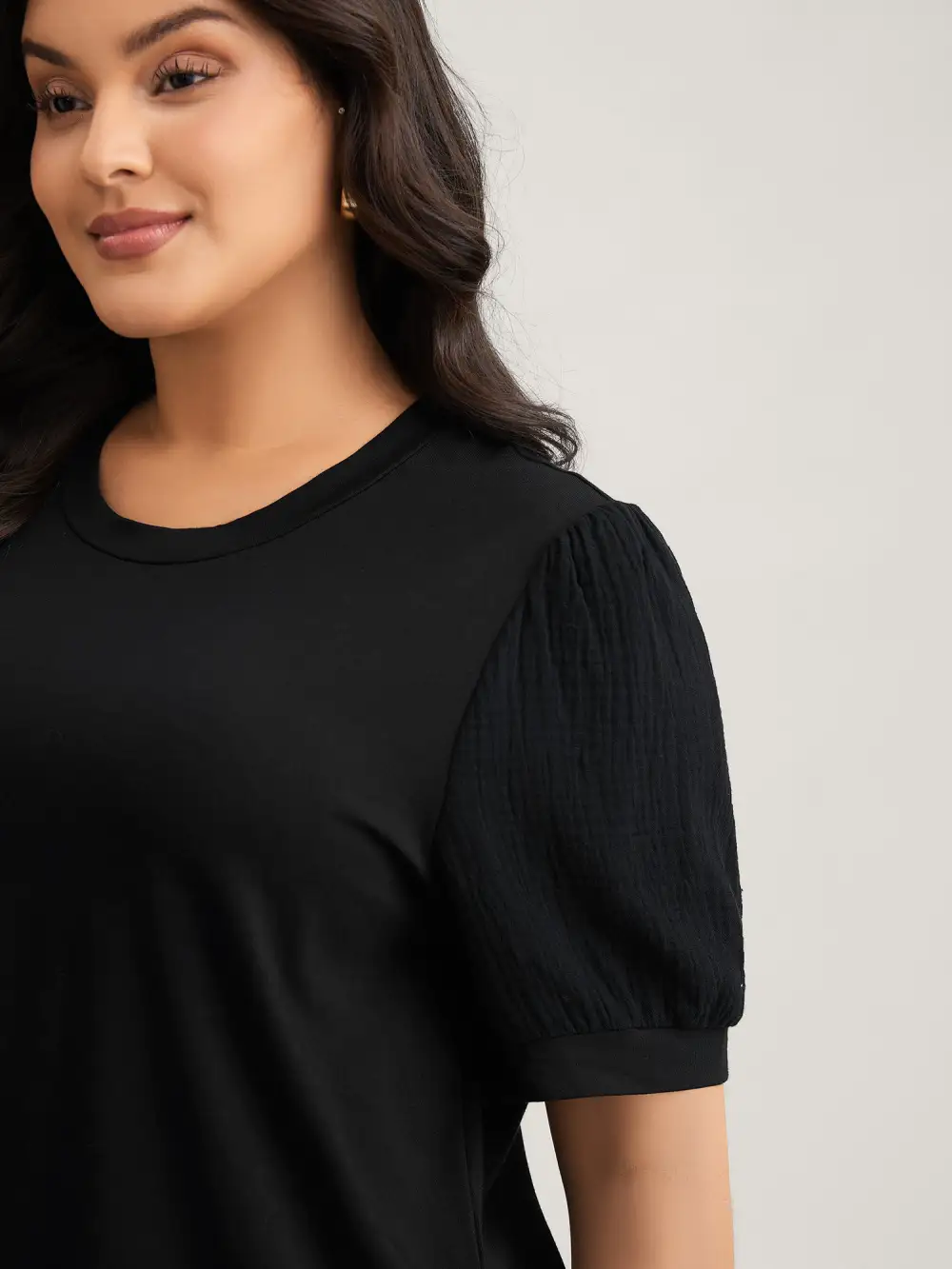 Plain Textured Patchwork Lantern Sleeve T-Shirt