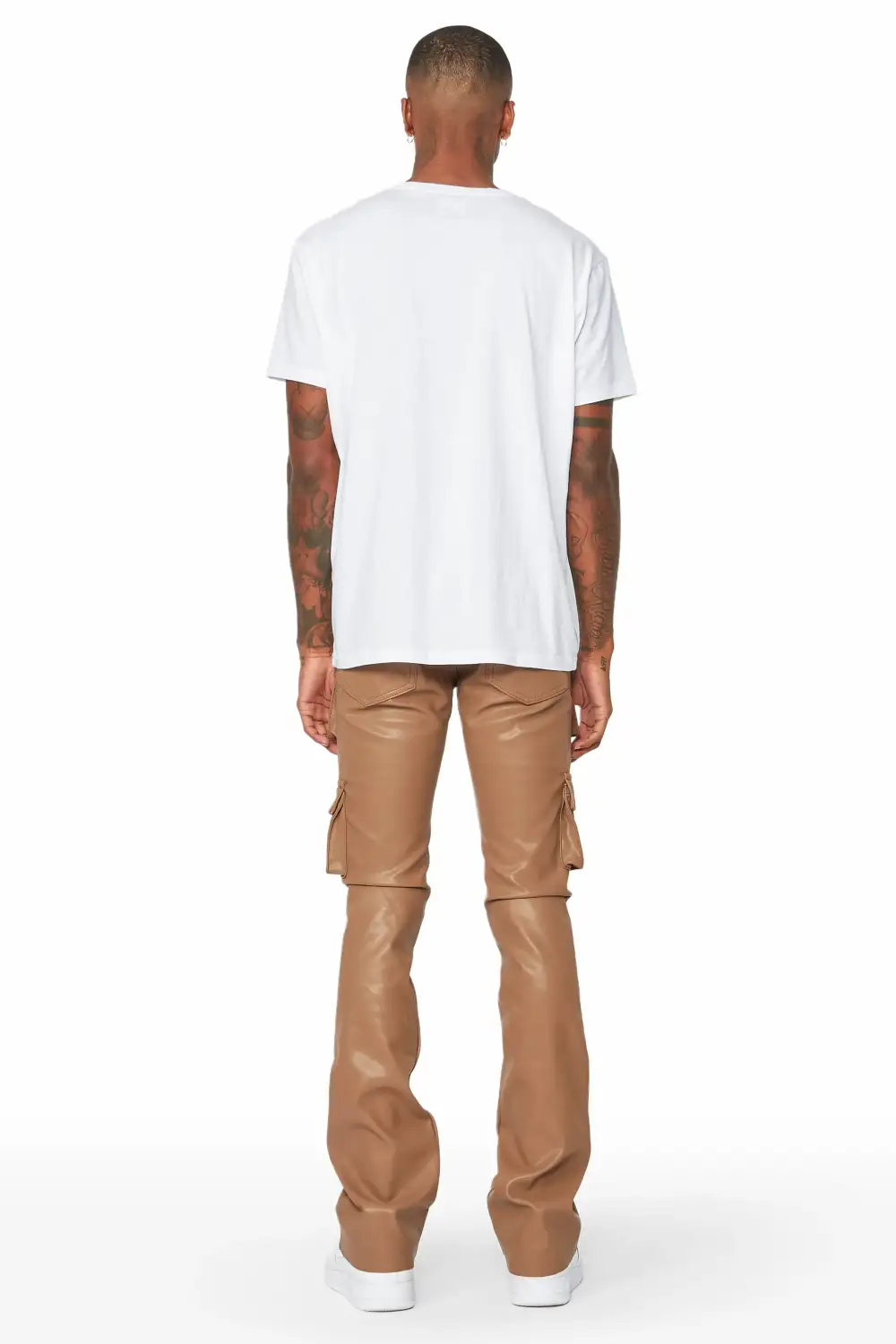 Khaza Tan Faux Leather Stacked Flare Jean