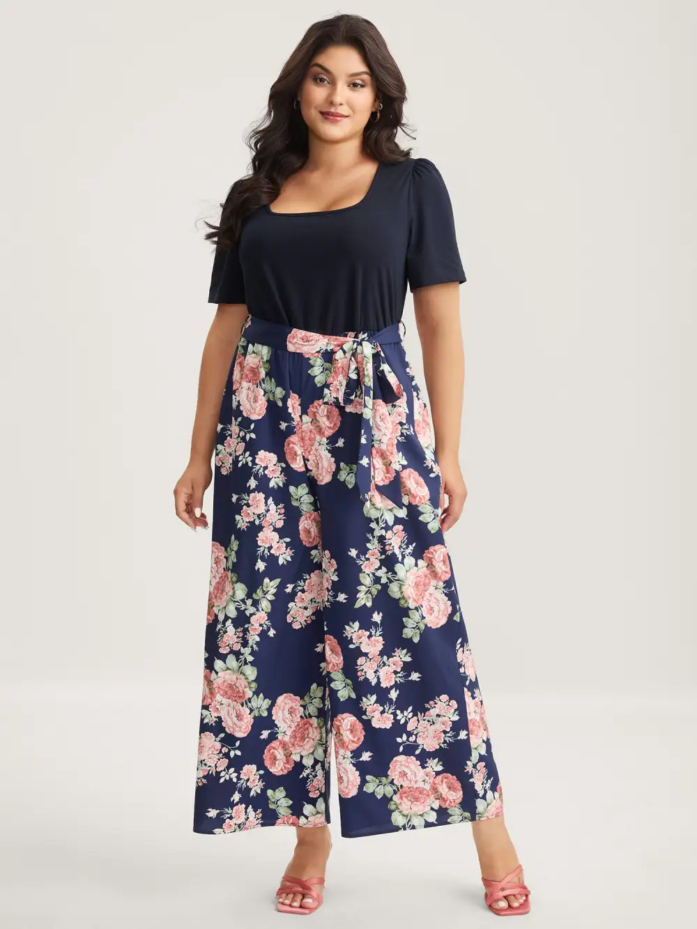 Color Contrast Belted Panel Pockets Jumpsuit