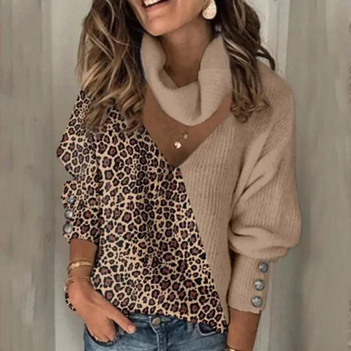 Color Block Leopard Turtleneck Casual Sweaters
