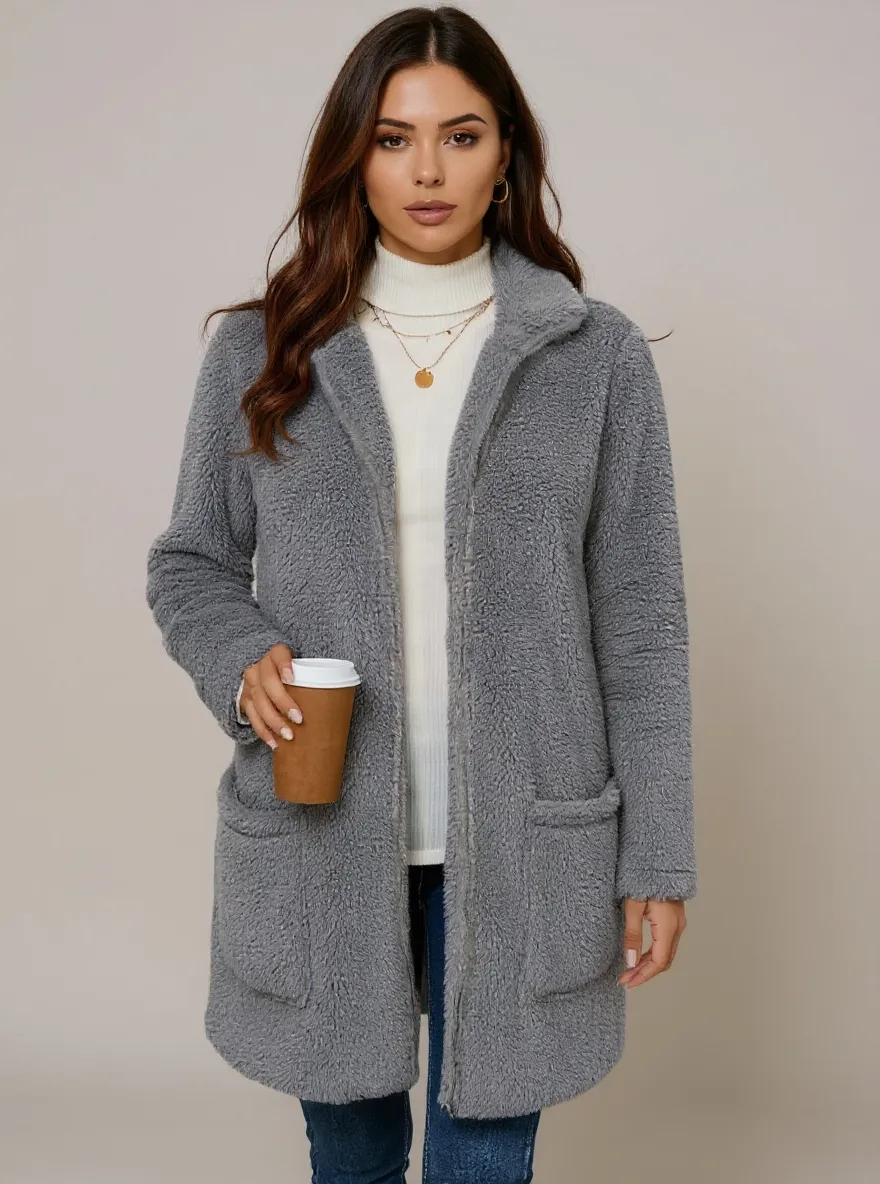 Women's Fleece Zip-Up Longline Teddy Coat
