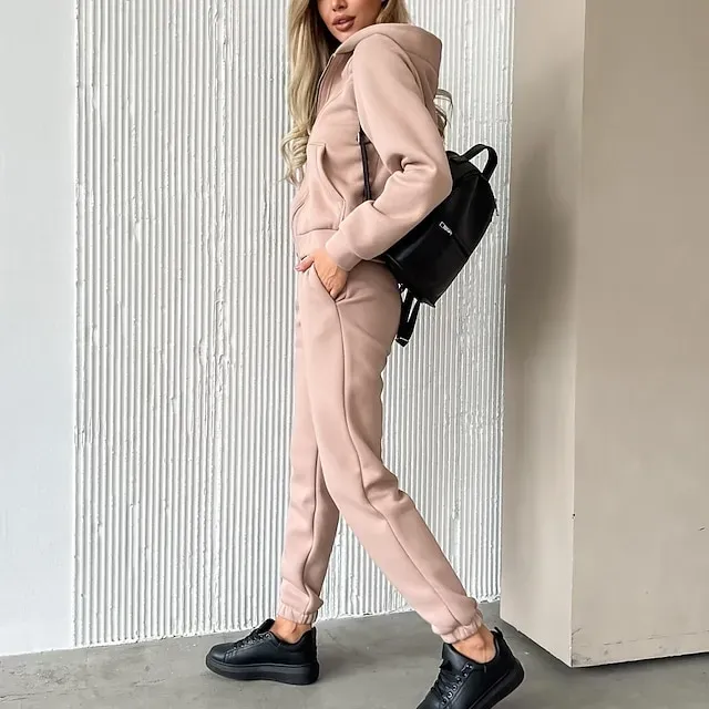 Women's Tracksuit Sweatsuit Pocket 2 Piece Solid Colored Hoodie and Pants Outfit Set Clothing Suit Fall Black White Jogging Training Exercise Thermal Warm Soft Moisture Wicking Long Sleeve Sport