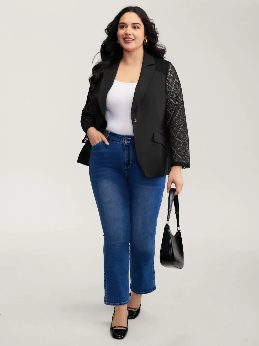 Stretchy Textured Sheer Sleeve Contrast Blazer