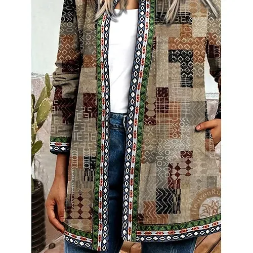 Women's Casual Lightweight Coat Open Front Work Print Geometric Comfortable Boho Vintage Regular Fit Long Sleeve With Pocket Outerwear Long Sleeve Fall Lake blue S