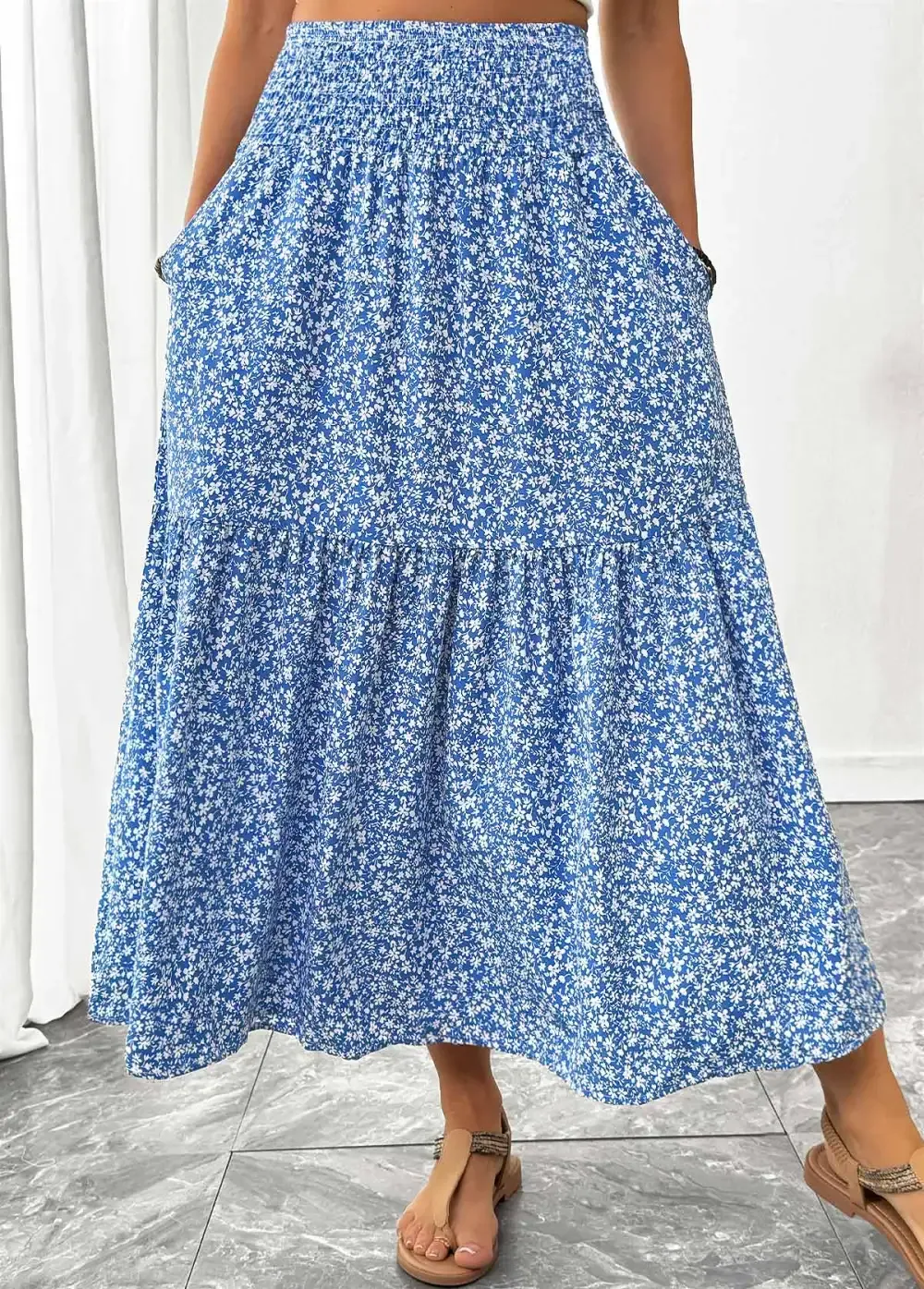 Blue Ditsy Floral Print A Line Elastic Waist Skirt