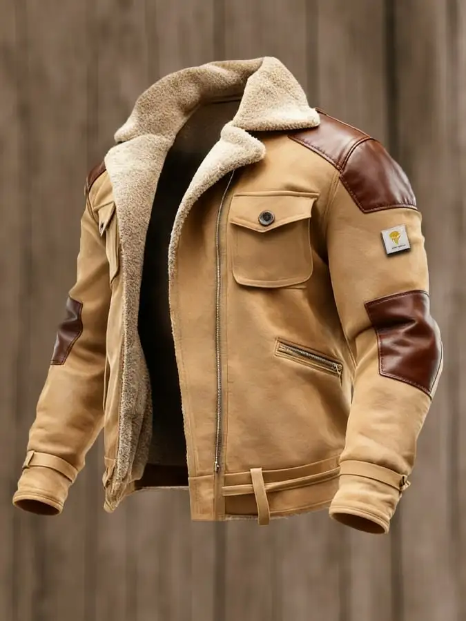 Men's Vintage Suede Splicing Warm Multi-Pocket Outdoor Jacket