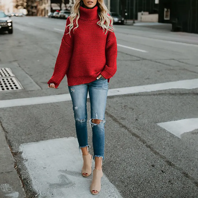 Solid Color High Neck Pullover Knitted Sweater