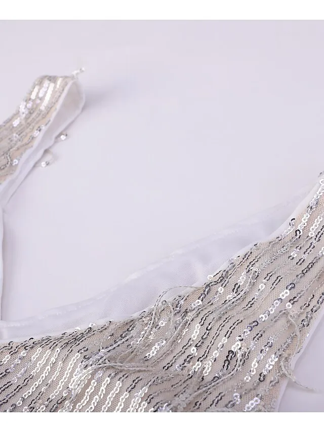 Women's Silver Sequin Dress Fringe Dress Party Dress Sparkly Dress Mini Dress Silver Sleeveless Spring V Neck Stylish Wedding Guest