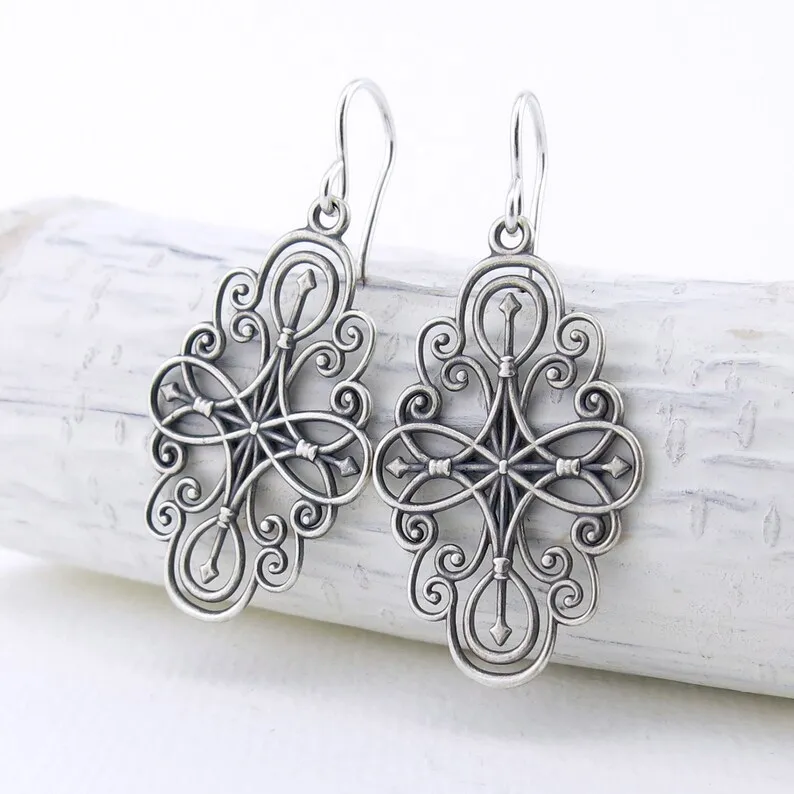 Long Silver Earrings Silver Filigree Earrings Compass Rose Jewelry Gift for Her Girlfriend Gift Sterling Silver Jewelry - Compass Rose