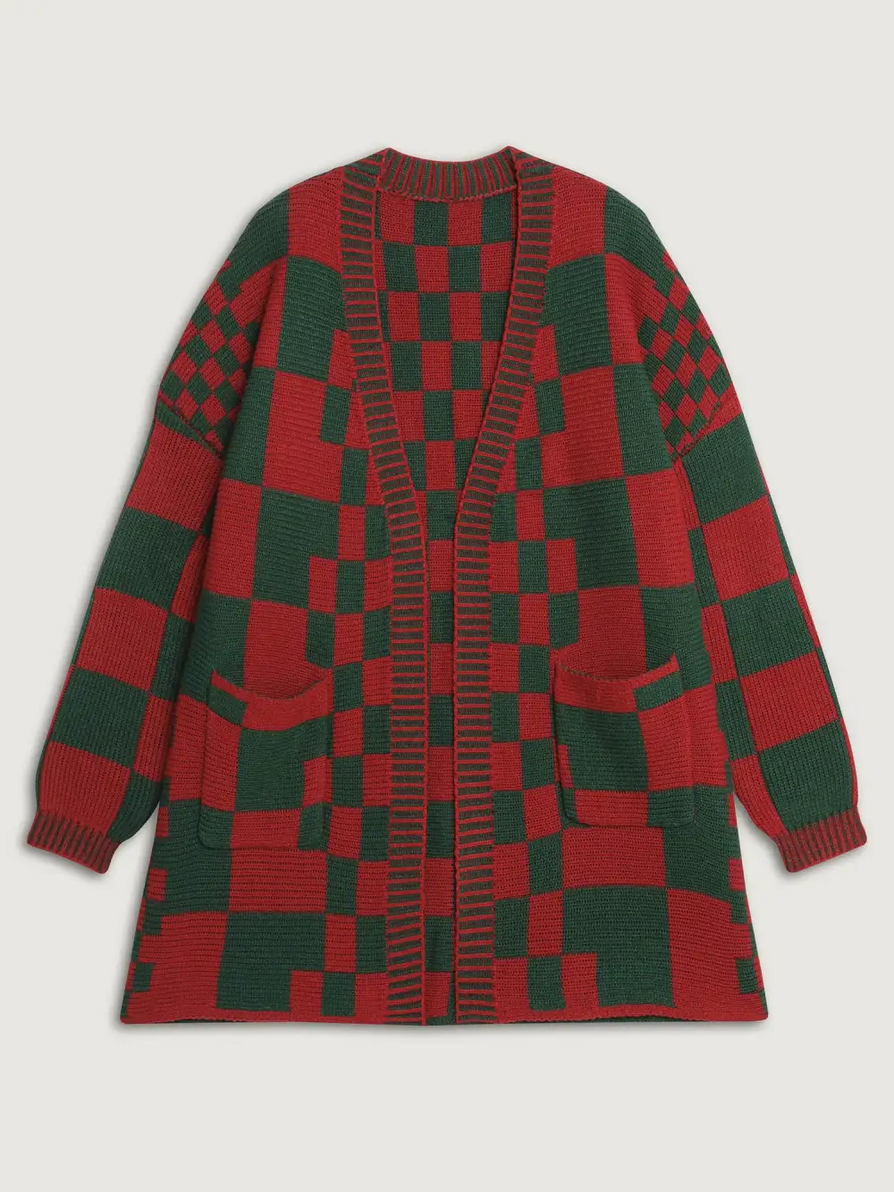 Holiday Checkered Open-Front Knit Cardigan