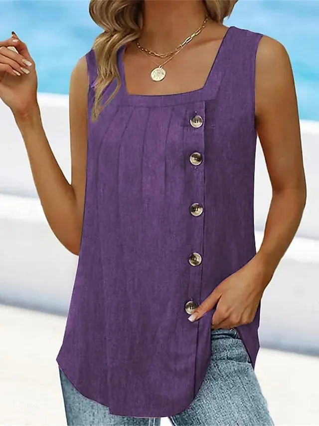 Women's Tank Top Vest Plain Button Casual Basic Modern Sleeveless Square Neck Pink Summer