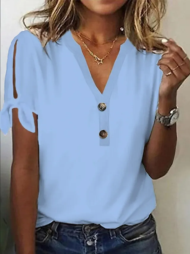 Women's T shirt Tee White Pink Blue Plain Button Cut Out Short Sleeve Daily Weekend Fashion Basic Elegant V Neck Regular Fit