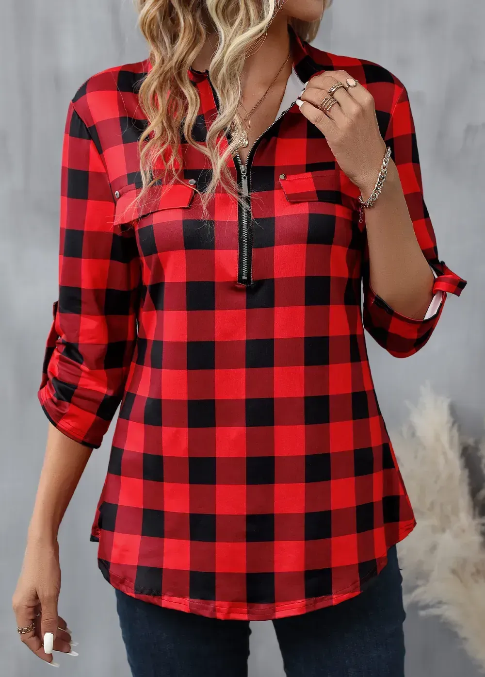 Red Zipper Plaid Long Sleeve High Neck Blouse