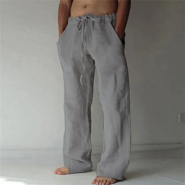 Men's Linen Pants Trousers Summer Pants Baggy Beach Pants Drawstring Front Pocket Straight Leg Plain Comfort Soft Full Length Yoga Holiday Beach Fashion Hawaiian Black White