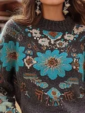 Women's Sweater Pullover Daily Casual Floral Graphic Ribbed Crew Neck Knitted Print Long Sleeve Regular Tops Knit Outdoor Weekend Blue Fall Winter