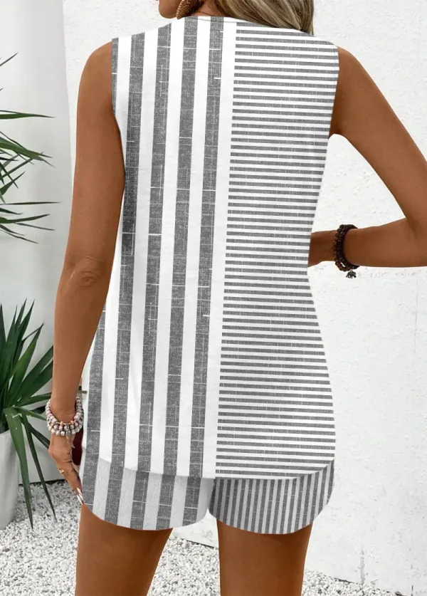Grey Striped Sleeveless V Neck Tank Top and Shorts