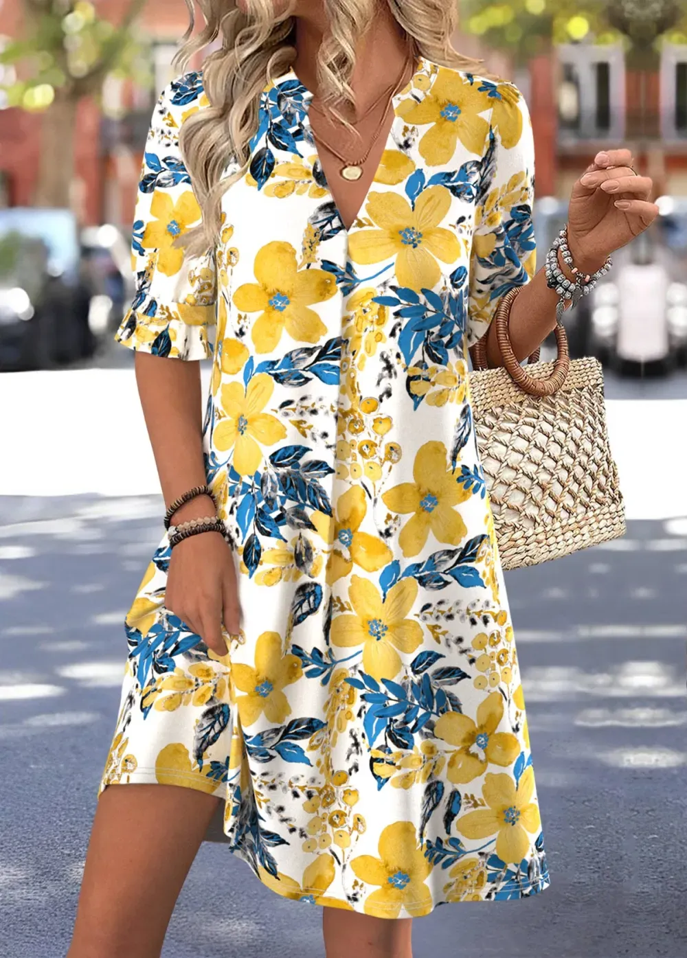 Multi Color Floral Print Short Half Sleeve Dress
