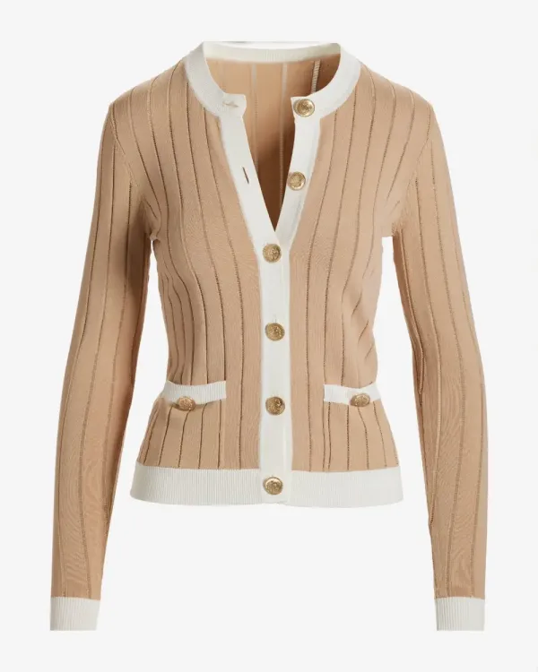 Color Block Button Up Cardigan Sweater Tan/White