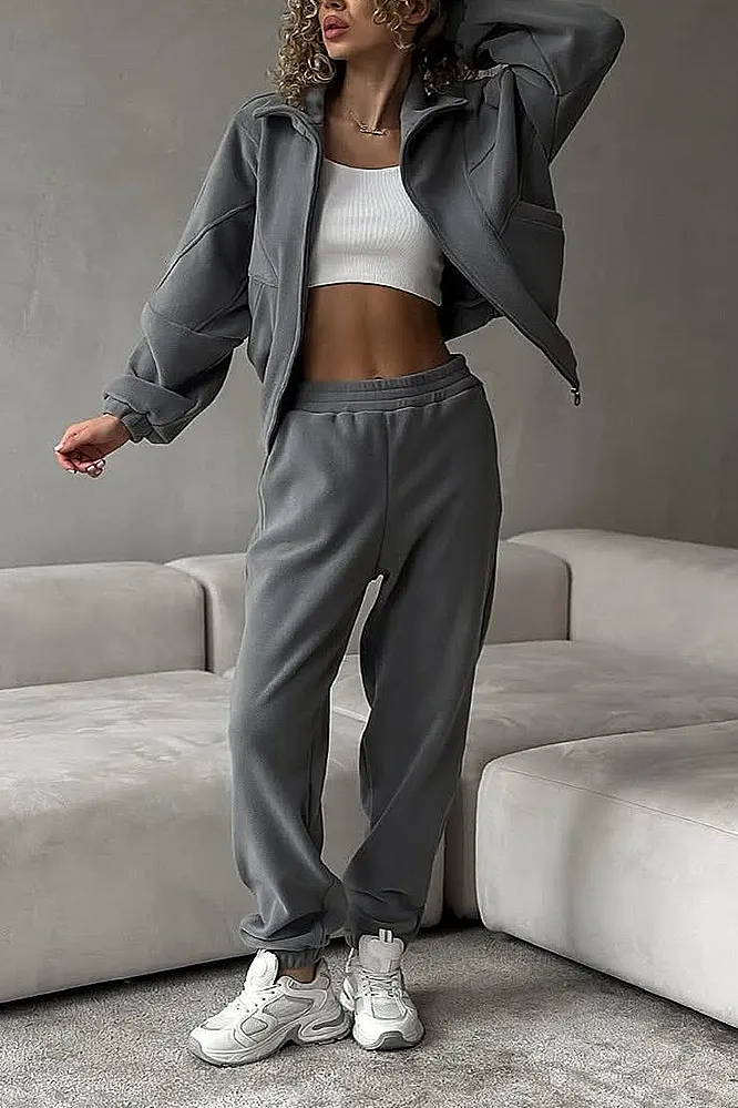 Women's Solid Color Zipper Jacket & Pants Two Piece Set